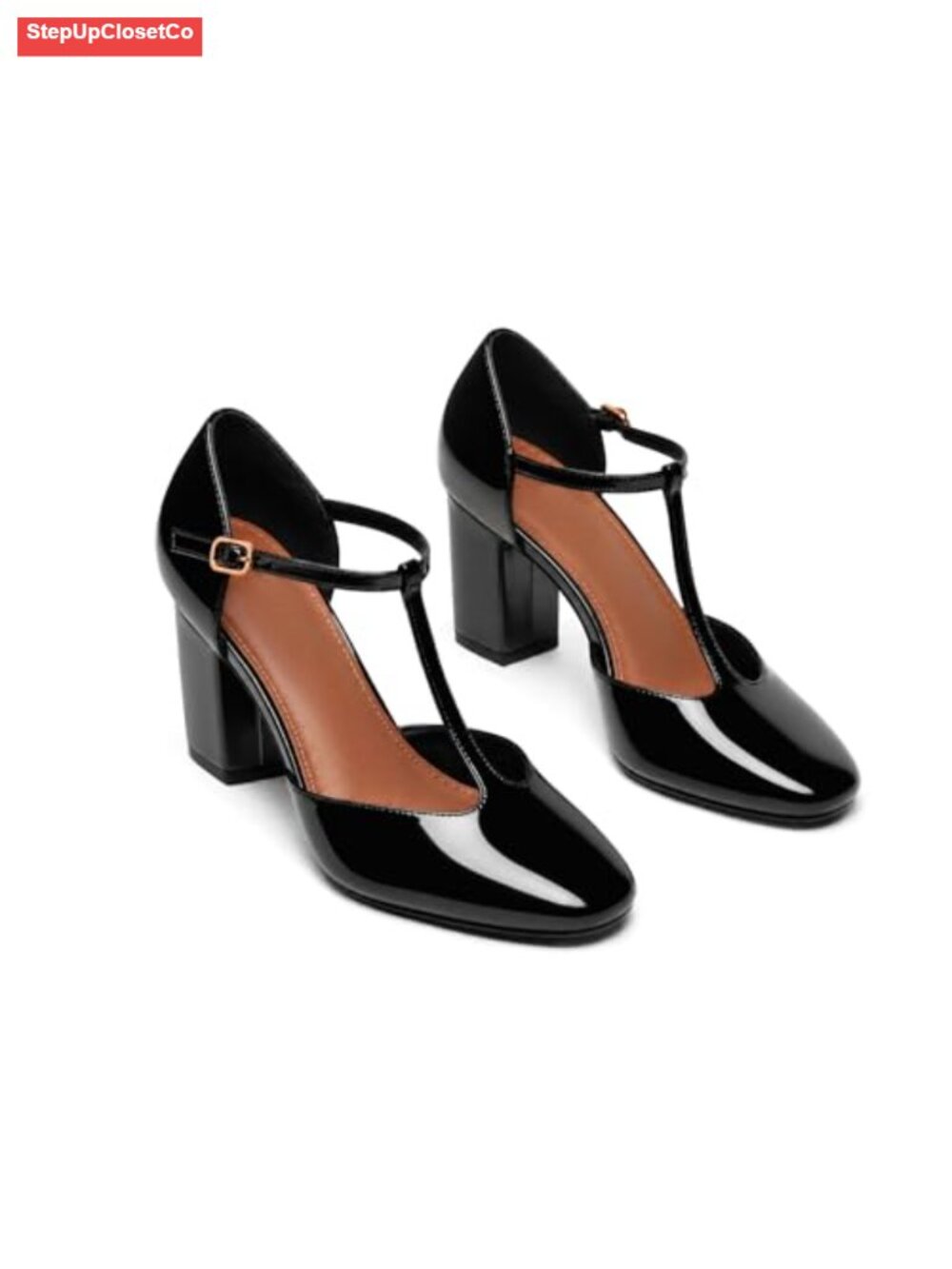 Coutgo Womens Mary Jane Chunky Heels T-Strap Square Closed Toe Pumps Ankle
